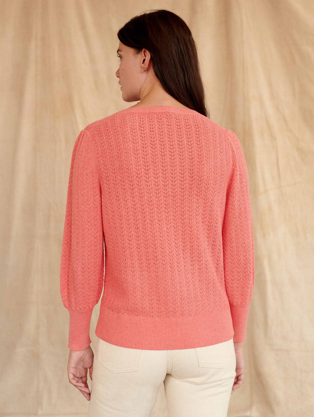 White + Warren - Cotton Puff Sleeve Stitchy Crew Neck Sweater in Summer Coral