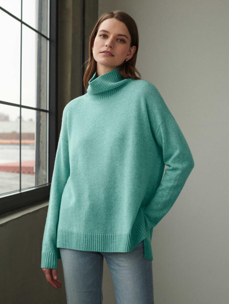 White + Warren - Cashmere Ribbed Stand Neck Sweater in Powdered Aqua