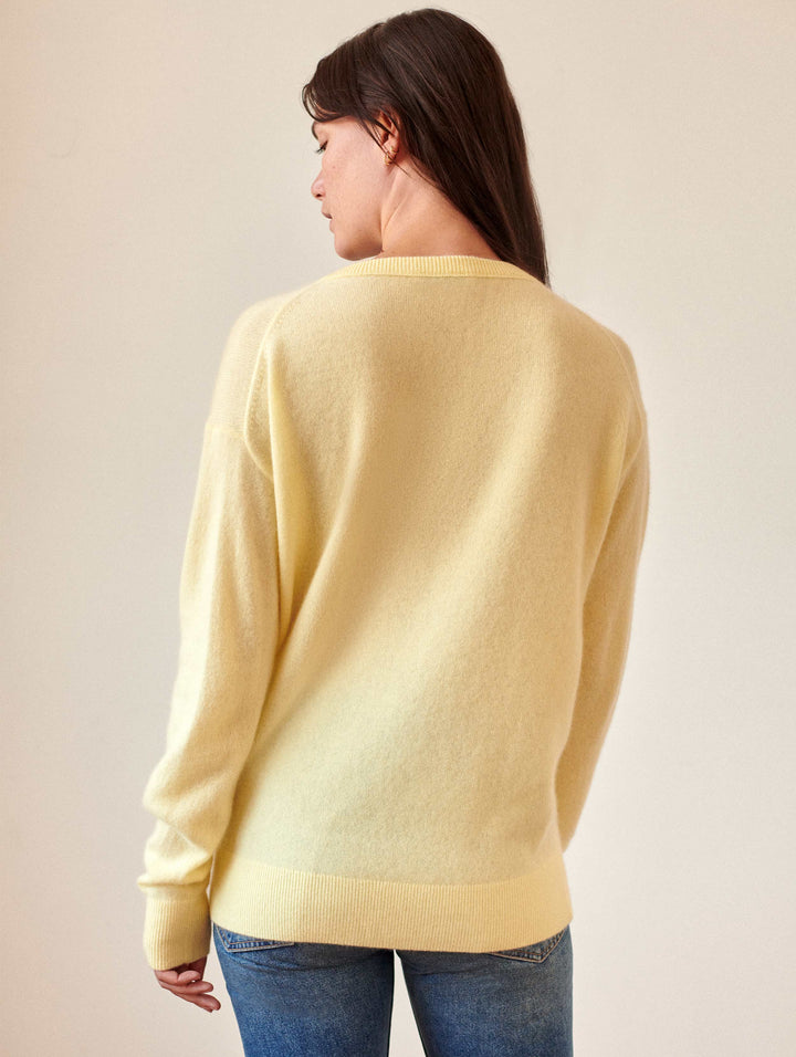 White + Warren - Cashmere Hand Embroidered Sunburst V-Neck Sweater in Sunshine