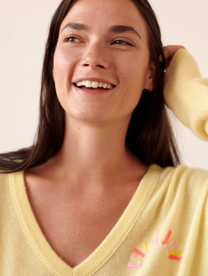 White + Warren - Cashmere Hand Embroidered Sunburst V-Neck Sweater in Sunshine