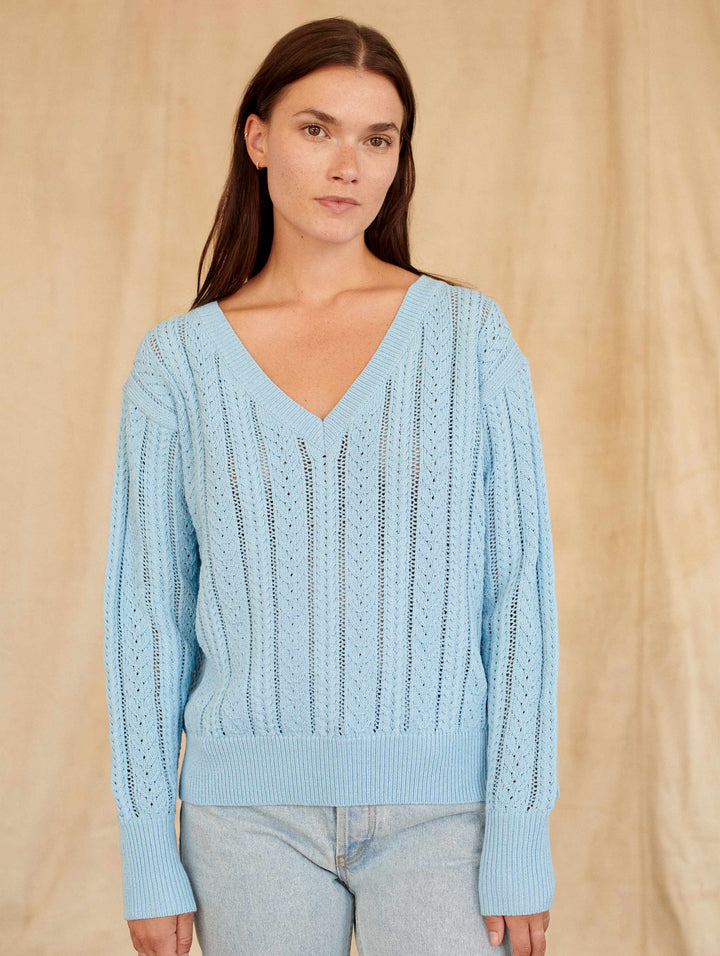 White + Warren - Recycled Cotton Open Cable V-Neck Sweater in Sky Blue