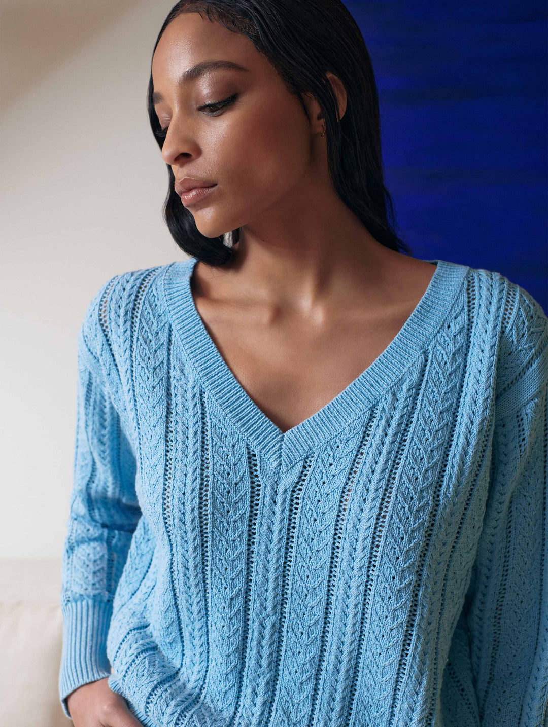 WHITE & WARREN - Recycled Cotton Open Cable V-Neck Sweater in Sky Blue