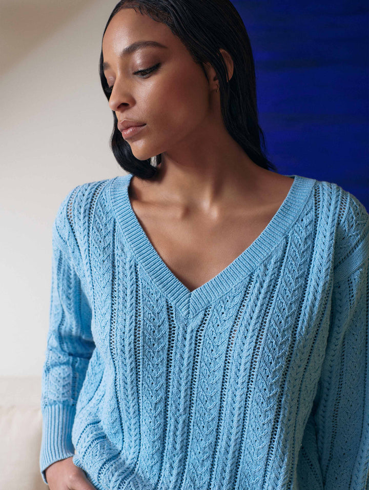 WHITE & WARREN - Recycled Cotton Open Cable V-Neck Sweater in Sky Blue