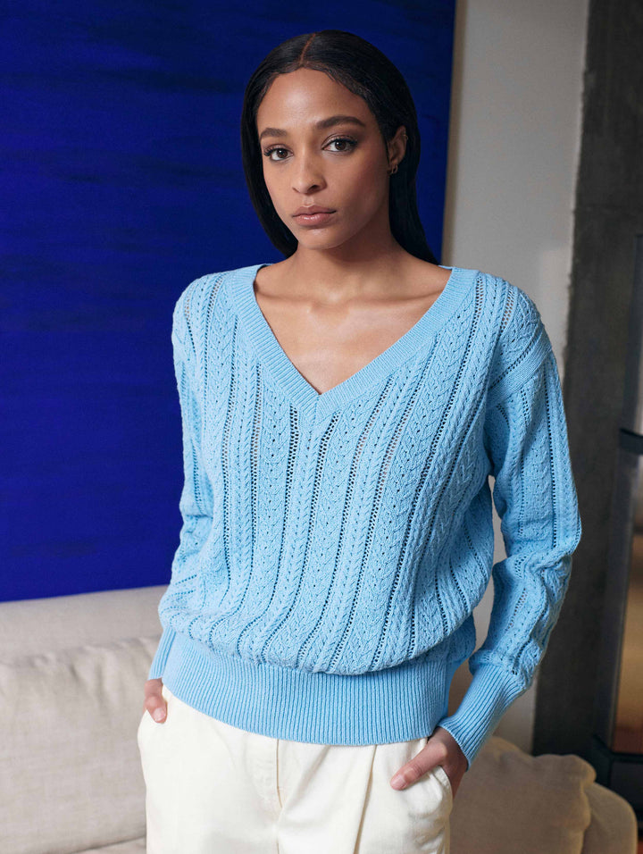 WHITE & WARREN - Recycled Cotton Open Cable V-Neck Sweater in Sky Blue Clothing - Sweaters