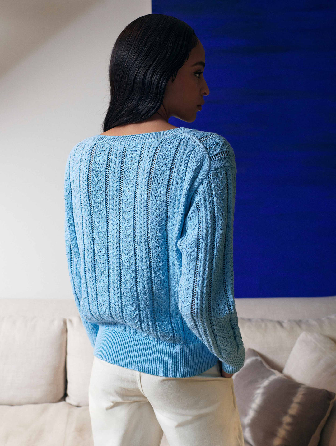 White + Warren - Recycled Cotton Open Cable V-Neck Sweater in Sky Blue