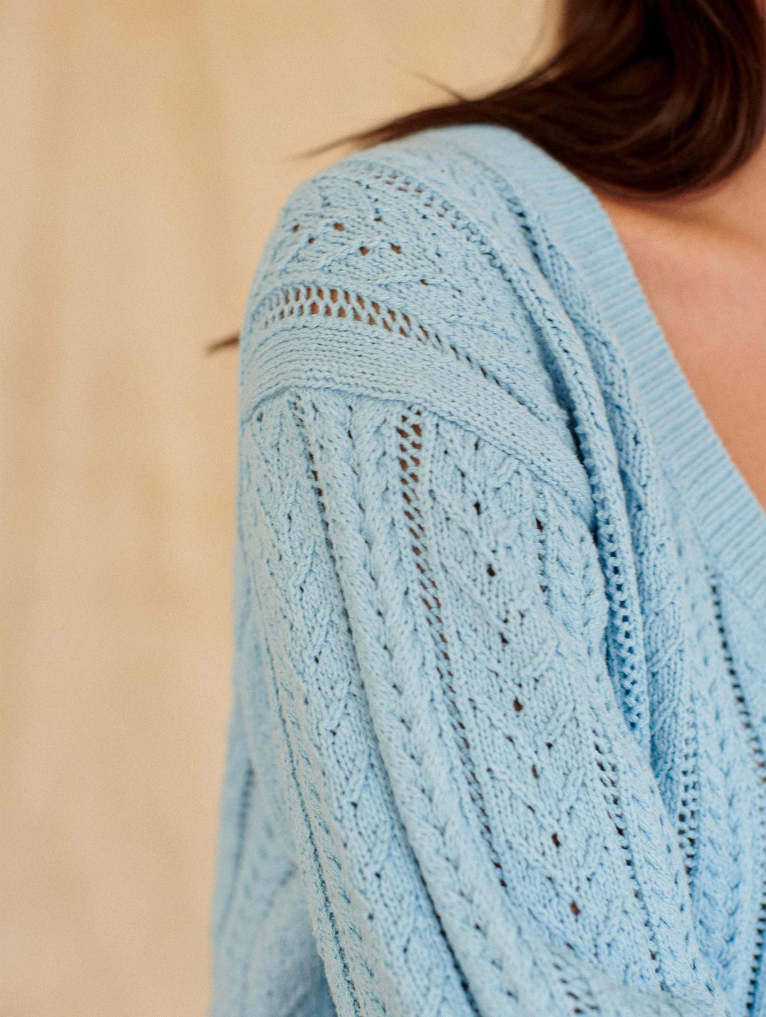 WHITE & WARREN - Recycled Cotton Open Cable V-Neck Sweater in Sky Blue