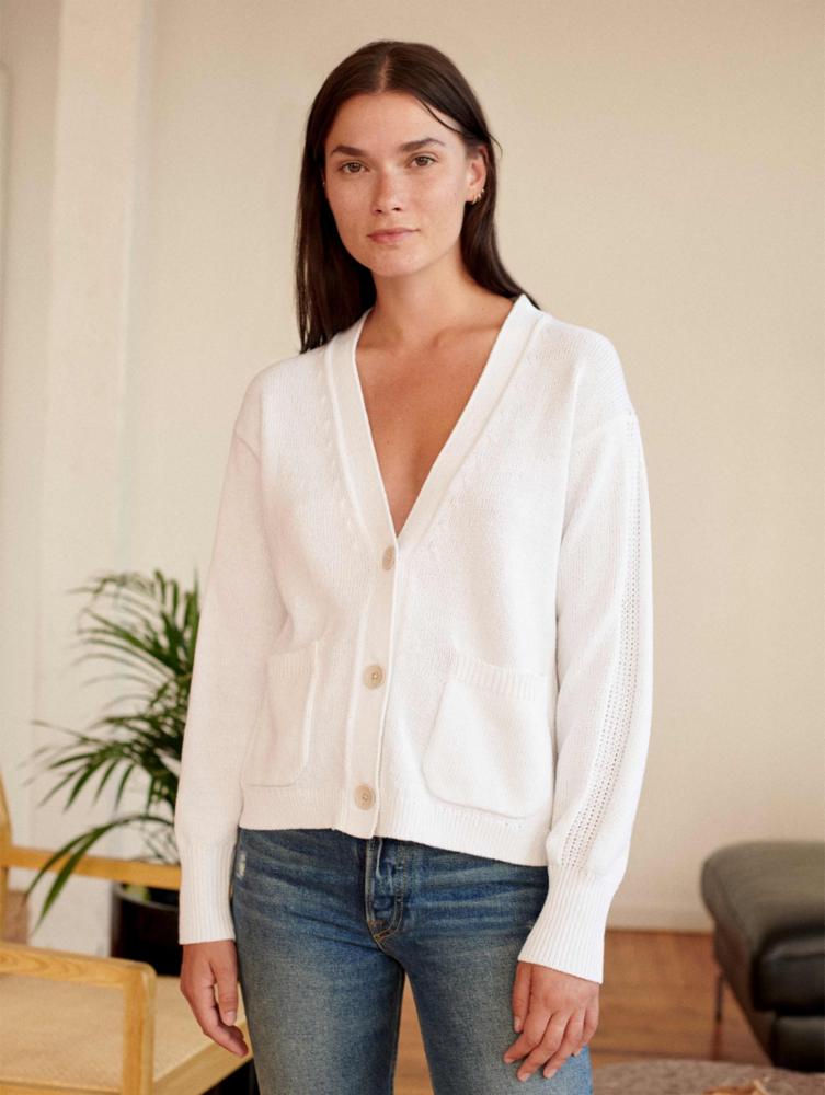 White + Warren - Recycled Cotton Patch Pocket Cardigan in White