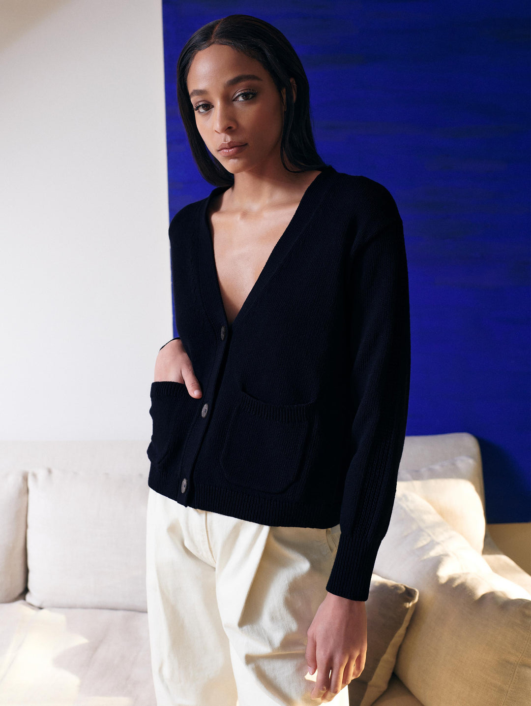 White + Warren - Recycled Cotton Patch Pocket Cardigan in Navy