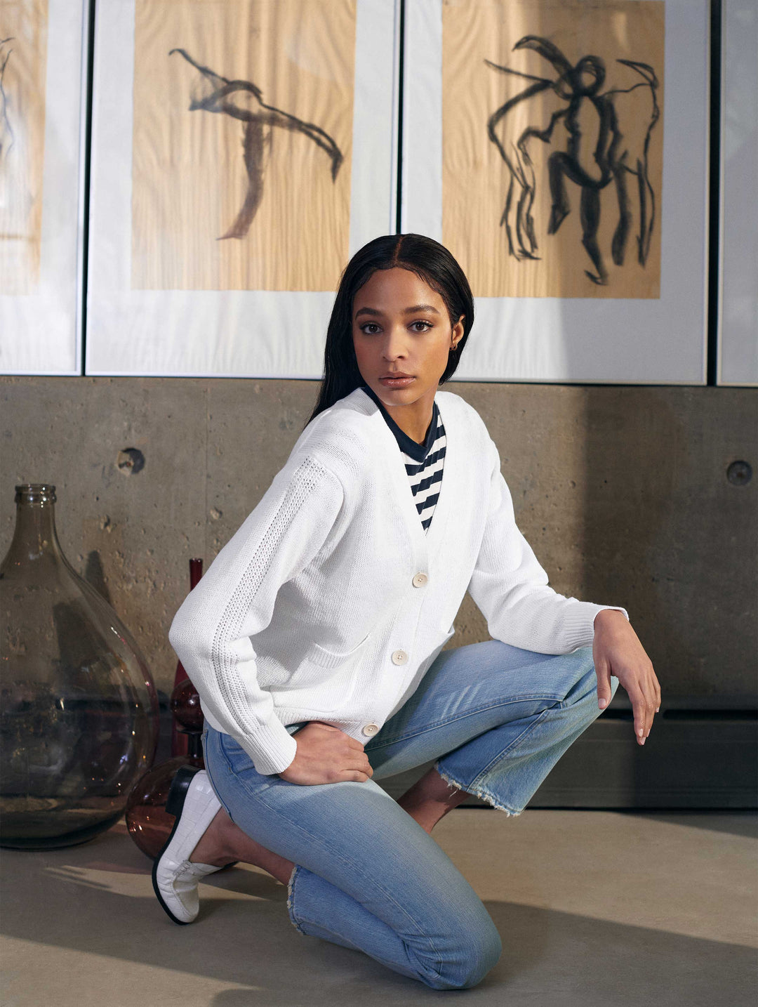 White + Warren - Recycled Cotton Patch Pocket Cardigan in White