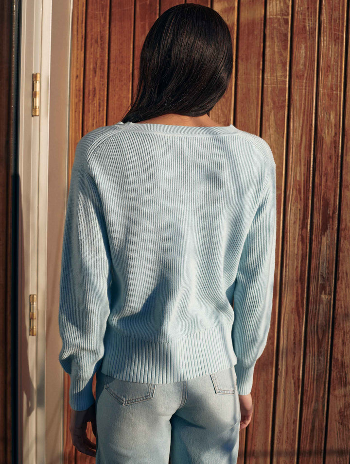 White + Warren - Cotton Textured Stitch V-Neck Sweater in Cool Water