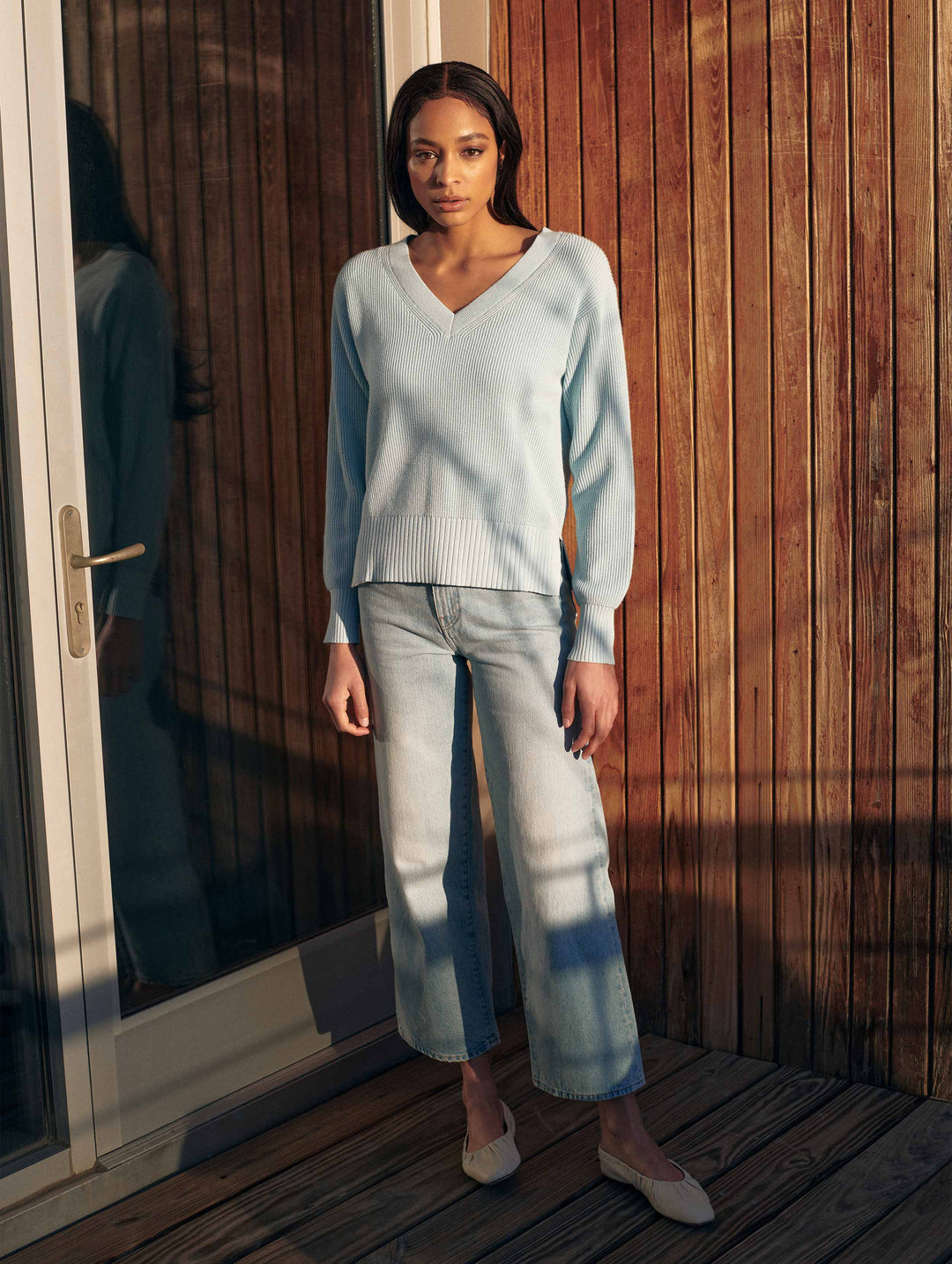 White + Warren - Cotton Textured Stitch V-Neck Sweater in Cool Water Clothing - Sweaters