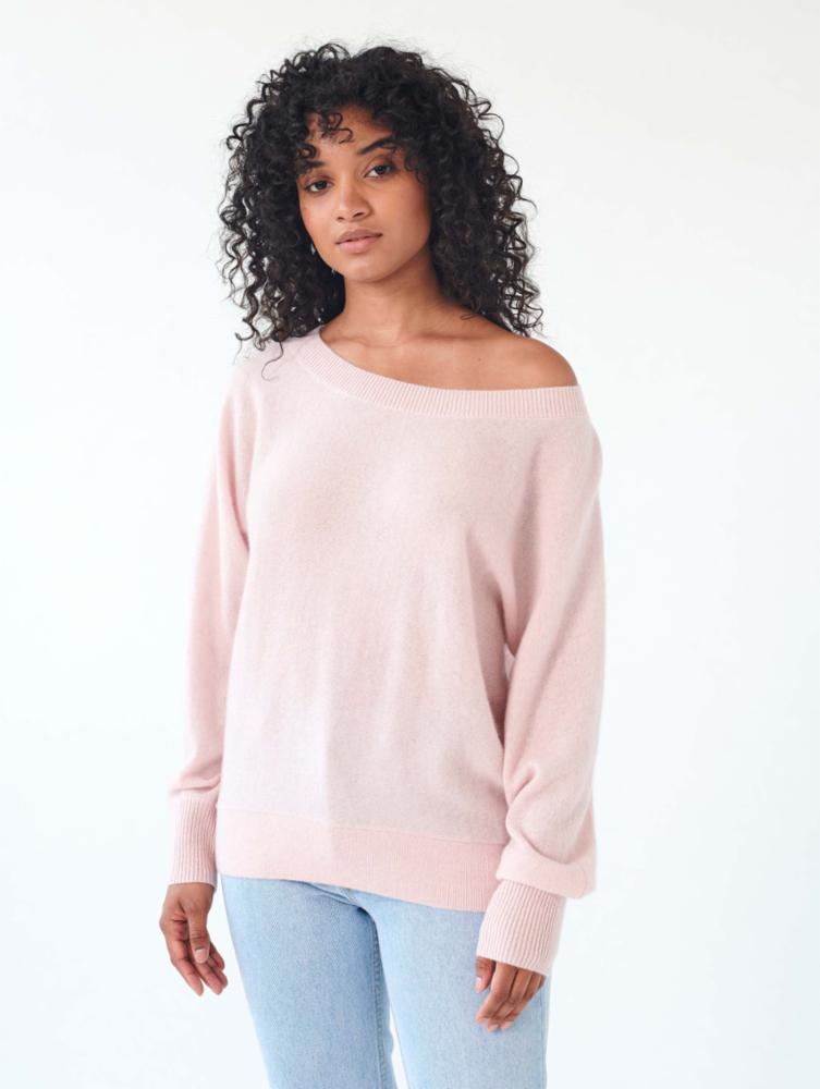 White + Warren - Cashmere Off Shoulder Rib Trim Crewneck in Blush Heather