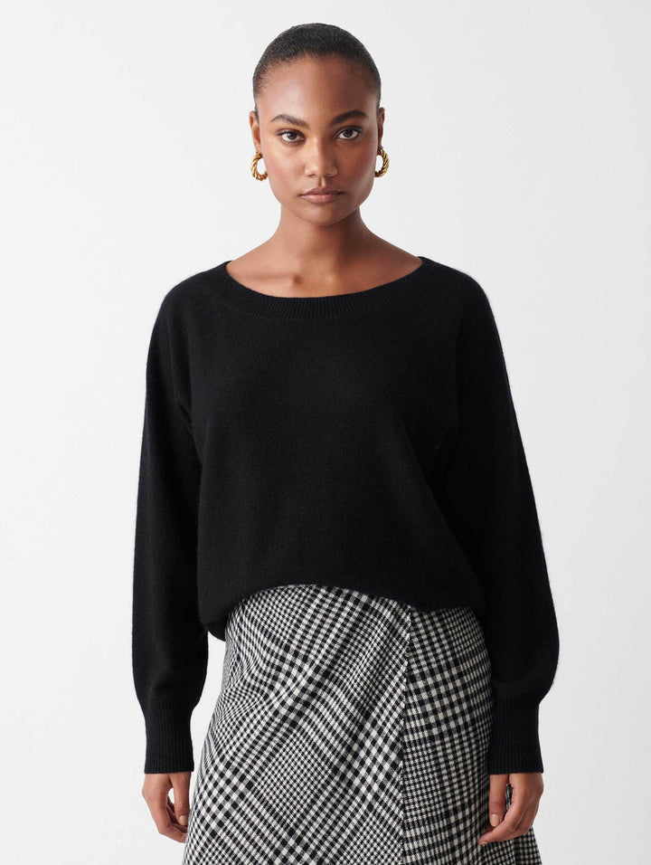 White + Warren - Cashmere Off Shoulder Rib Trim Crewneck in Black
