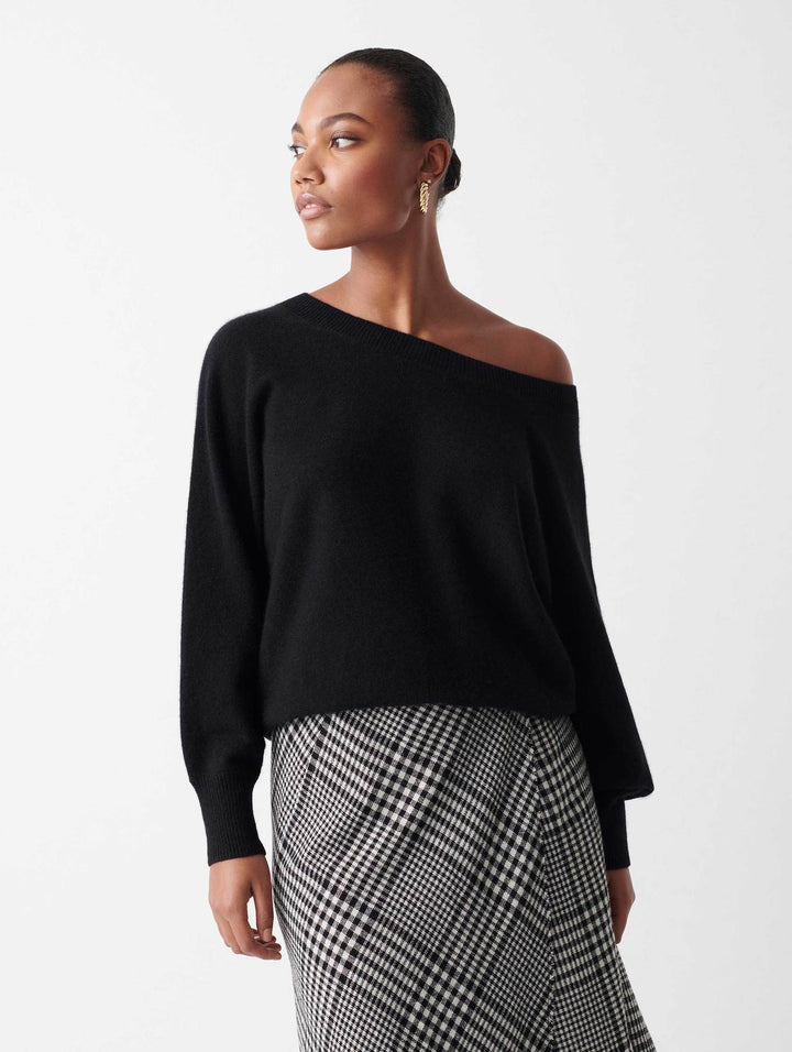 White + Warren - Cashmere Off Shoulder Rib Trim Crewneck in Black