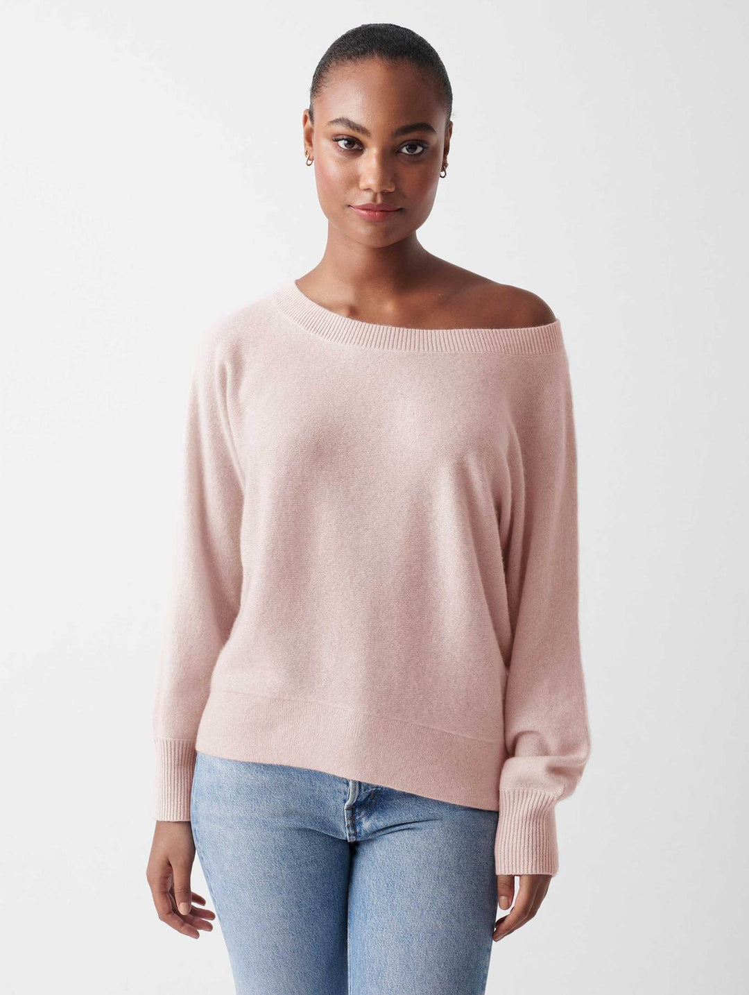 White + Warren - Cashmere Off Shoulder Rib Trim Crewneck in Blush Heather