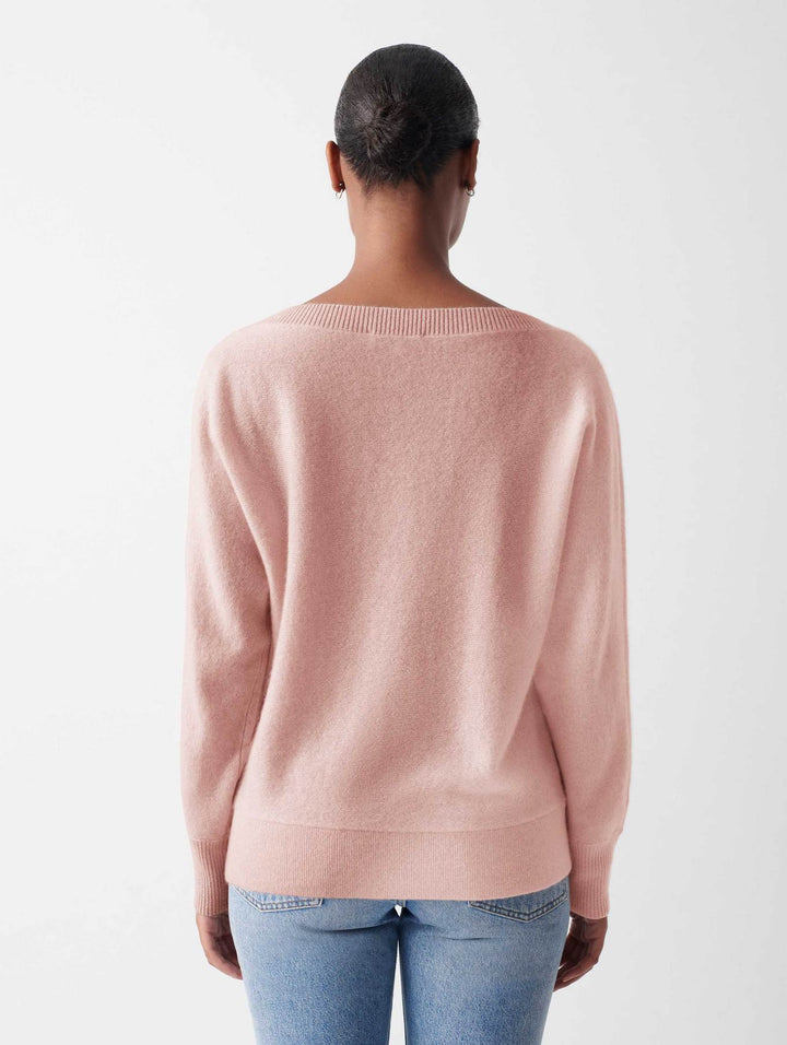 White + Warren - Cashmere Off Shoulder Rib Trim Crewneck in Blush Heather