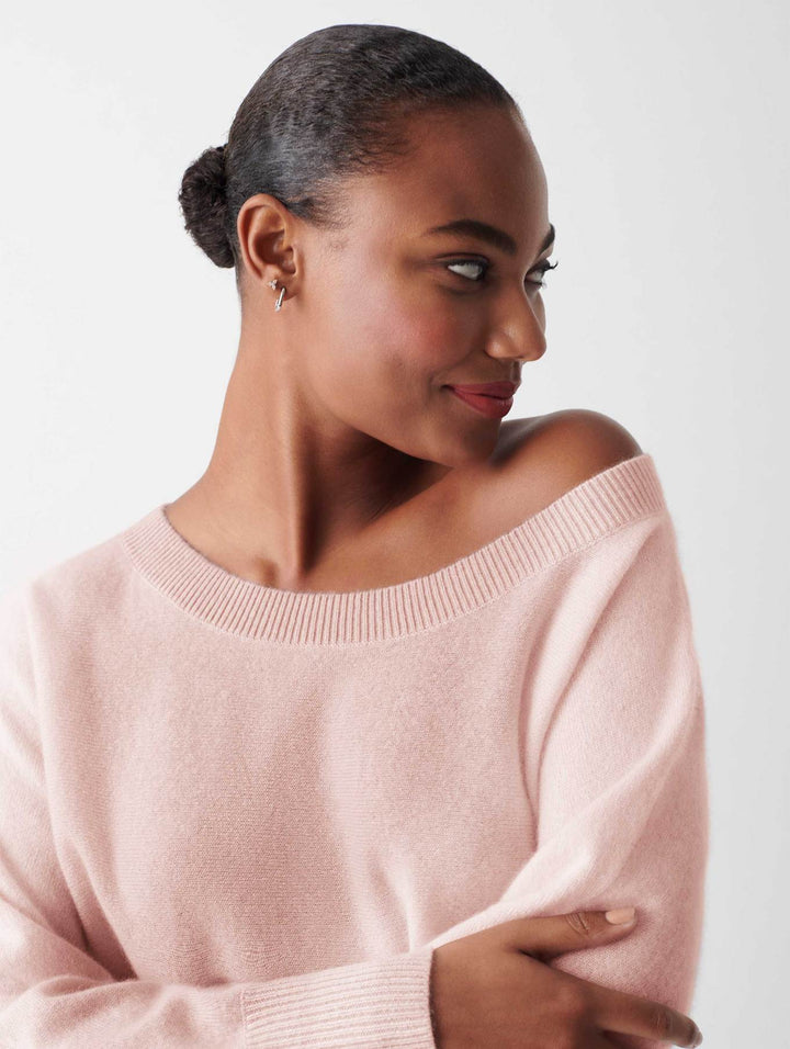 White + Warren - Cashmere Off Shoulder Rib Trim Crewneck in Blush Heather
