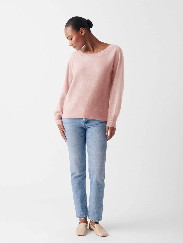 White + Warren - Cashmere Off Shoulder Rib Trim Crewneck in Blush Heather