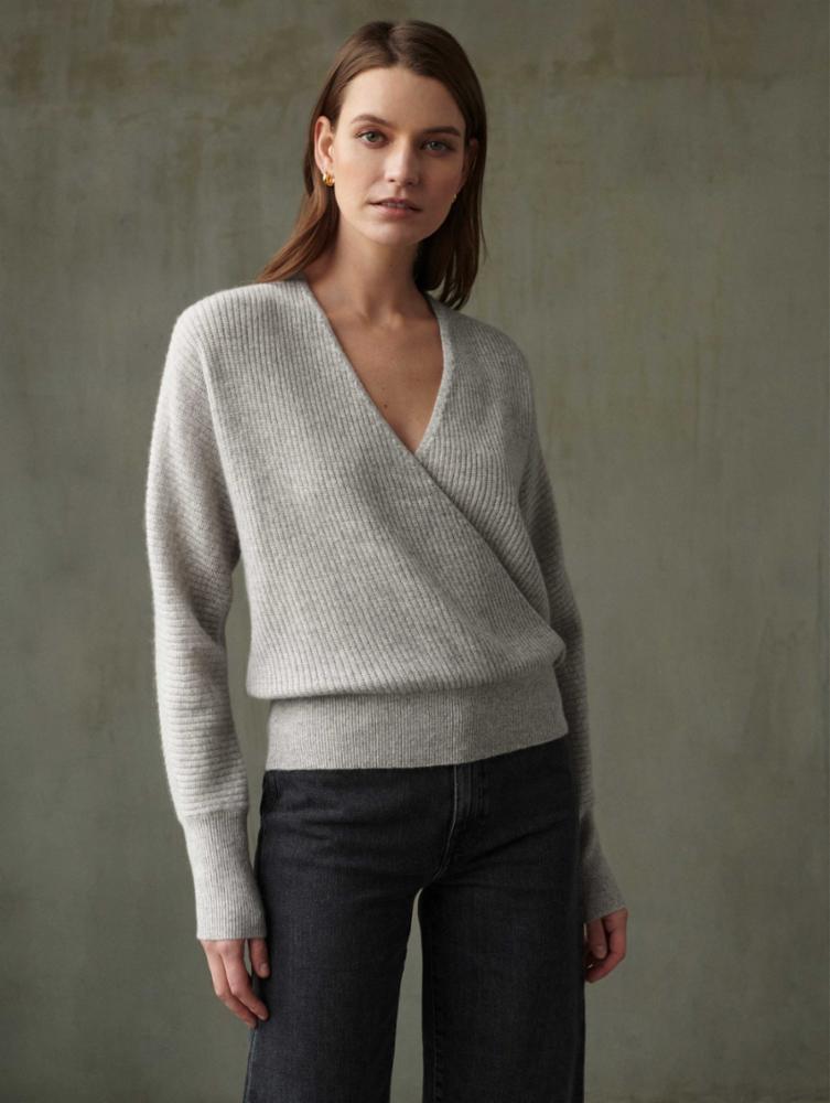 White + Warren - Cashmere Rib Stitch Wrap Top in Misty Grey Heather