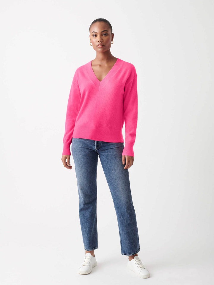 White + Warren - Cashmere Long Sleeve V Neck in Neon Pink Sunrise