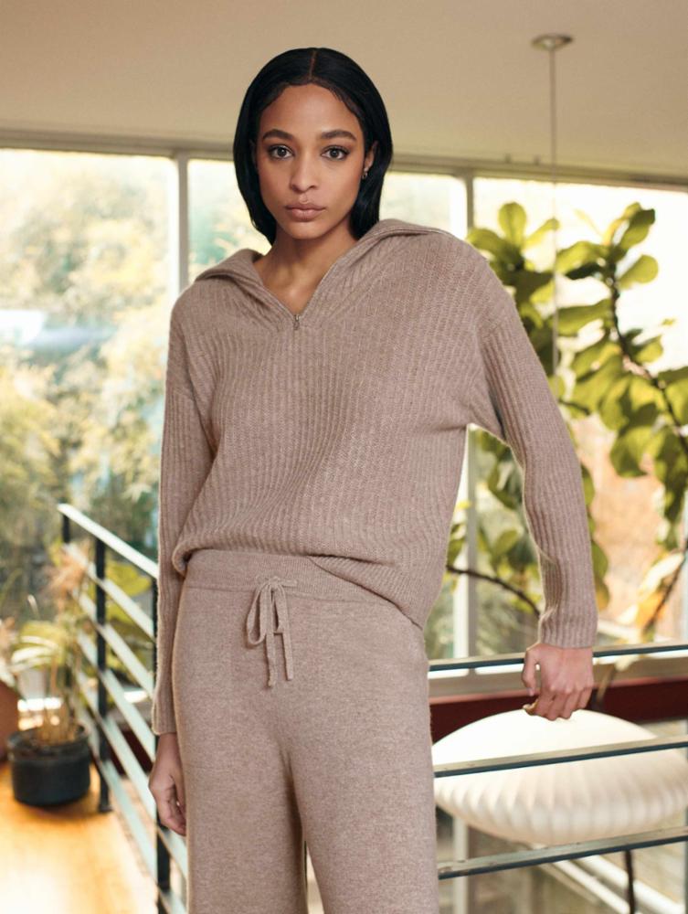 White + Warren - Cashmere Luxe Half Zip in Oak Heather