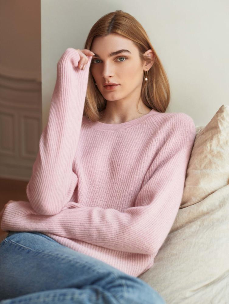 White + Warren - Cashmere Ribbed Crewneck in Blush Heather