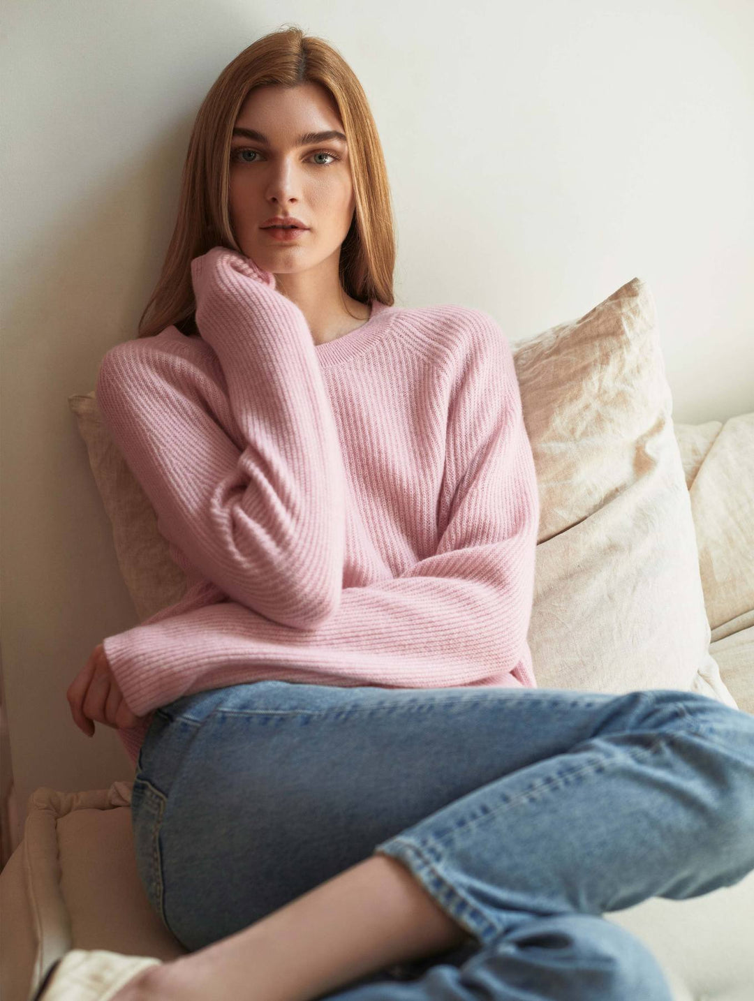 White + Warren - Cashmere Ribbed Crewneck in Blush Heather