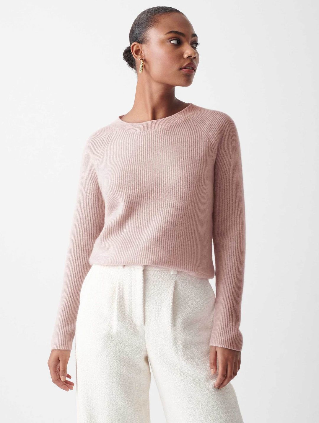 White + Warren - Cashmere Ribbed Crewneck in Blush Heather