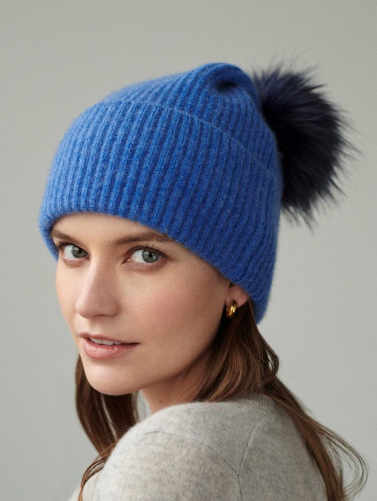 White + Warren - Cashmere Turnback Ribbed Beanie with Pom in Aegean Blue/Navy