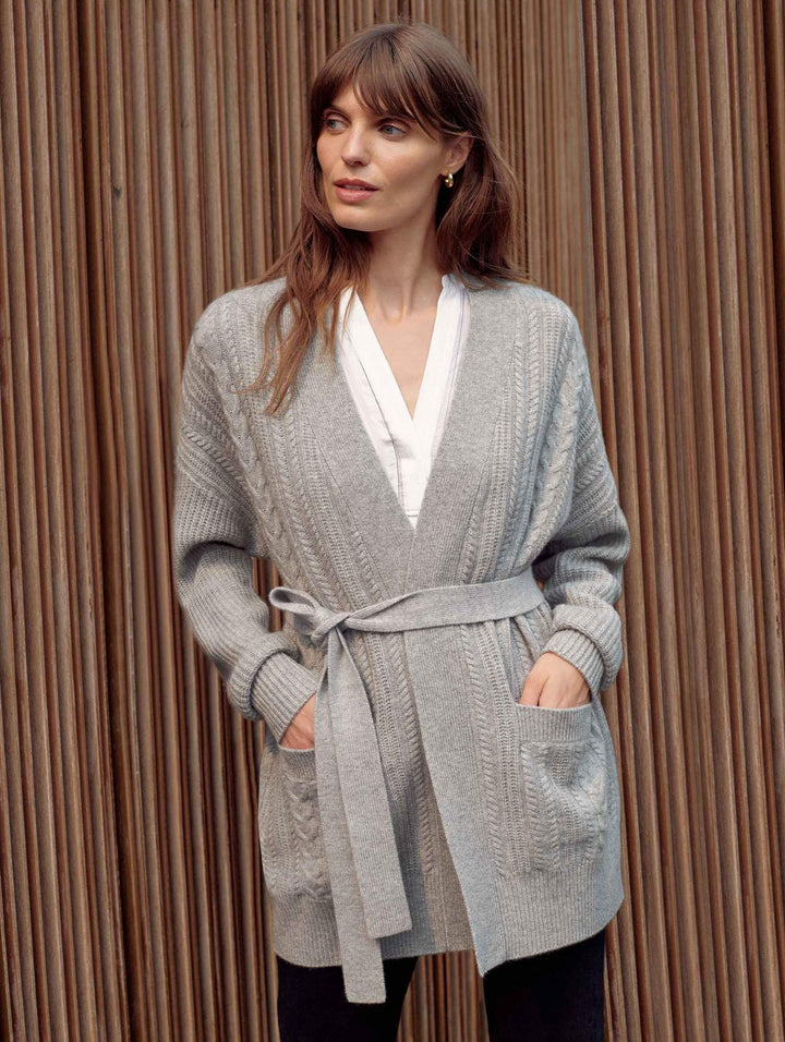 White + Warren - Recycled Cashmere Luxe Cable Cardigan in Grey Heather