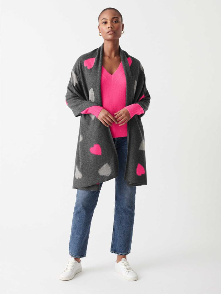 White + Warren - Cashmere Heart Intarsia Scarf in Charcoal Combo