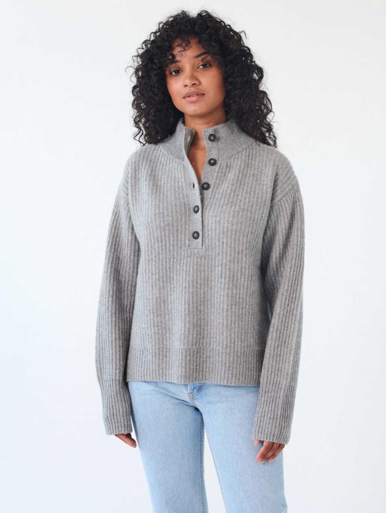 White + Warren - Cashmere Ribbed Button Standneck in Grey Heather