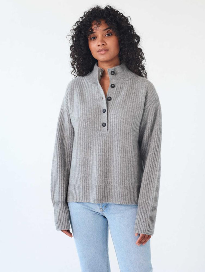 White + Warren - Cashmere Ribbed Button Standneck in Grey Heather