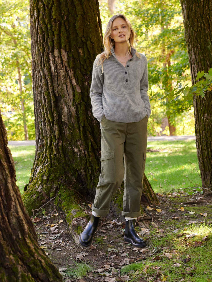 White + Warren - Cashmere Ribbed Button Standneck in Grey Heather