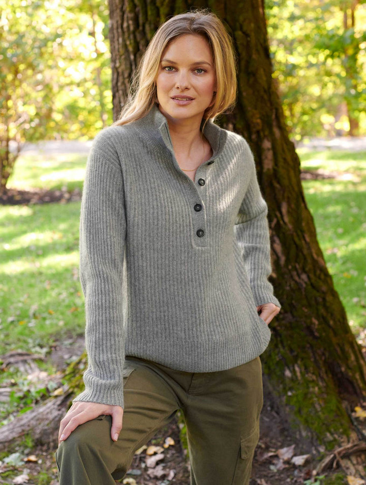 White + Warren - Cashmere Ribbed Button Standneck in Grey Heather
