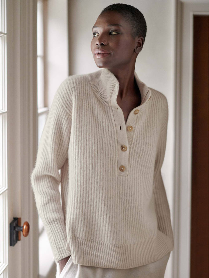 White + Warren - Cashmere Ribbed Button Standneck in Moonstone