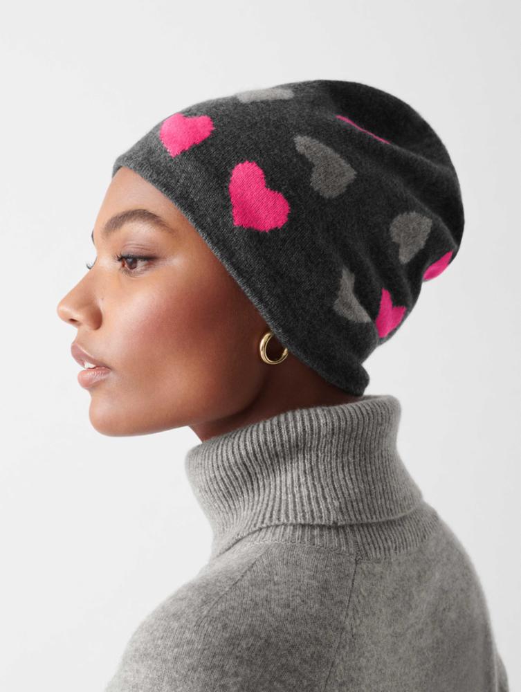 White + Warren - Cashmere Heart Intarsia Beanie in Charcoal Combo