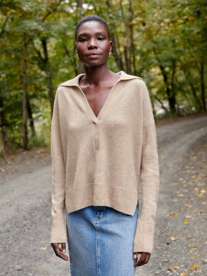 White + Warren - Recycled Cashmere Polo Sweater in Putty