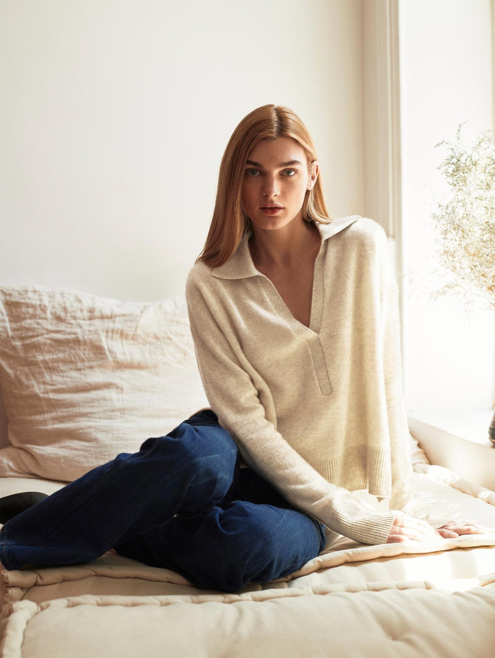 White + Warren - Recycled Cashmere Polo Sweater in Putty