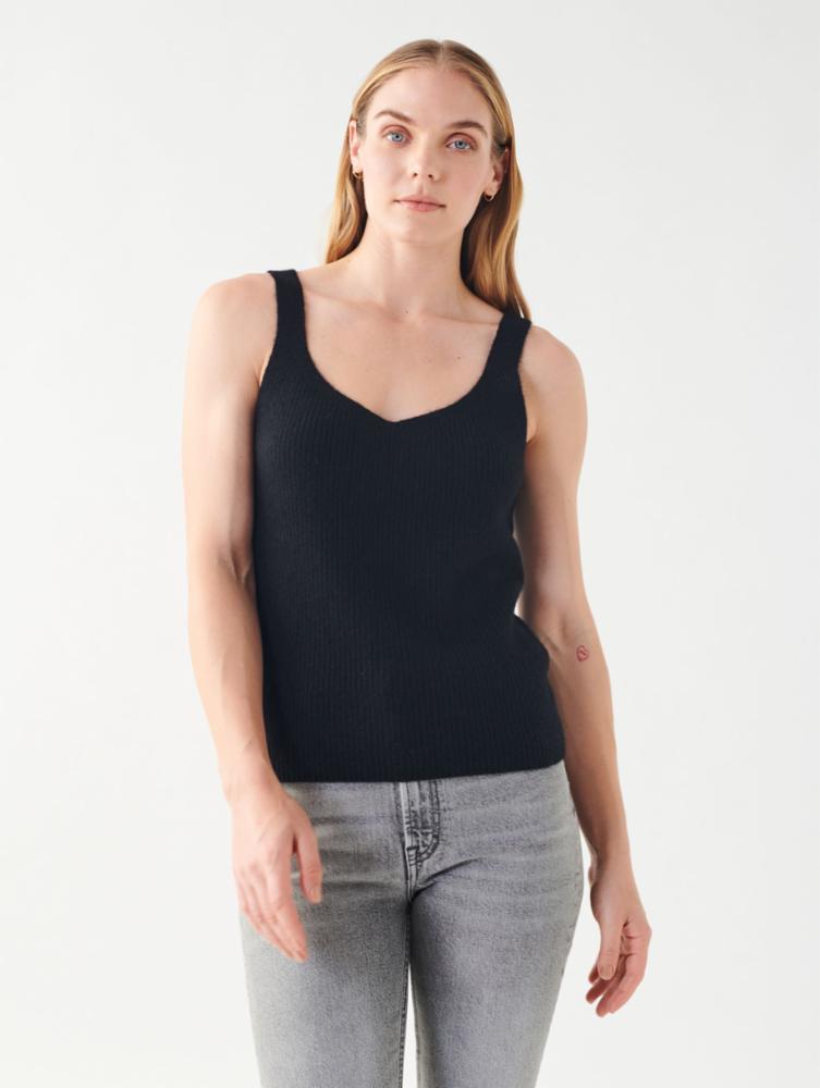 White + Warren - Cashmere Ribbed V Neck Tank in Black