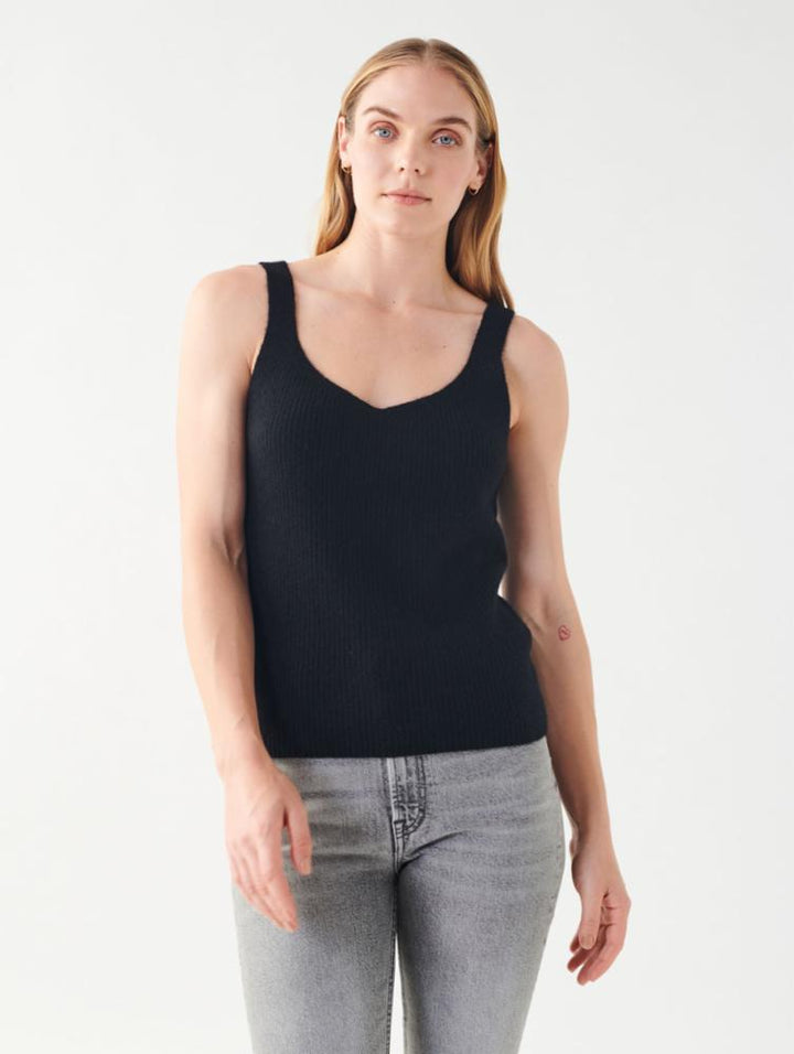White + Warren - Cashmere Ribbed V Neck Tank in Black