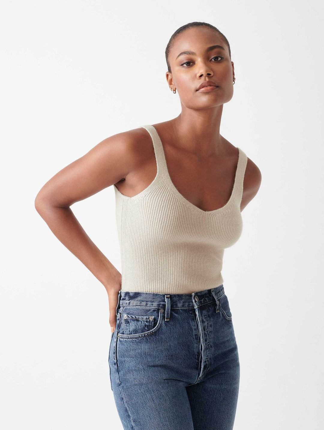 White + Warren - Cashmere Ribbed V Neck Tank in Moonstone