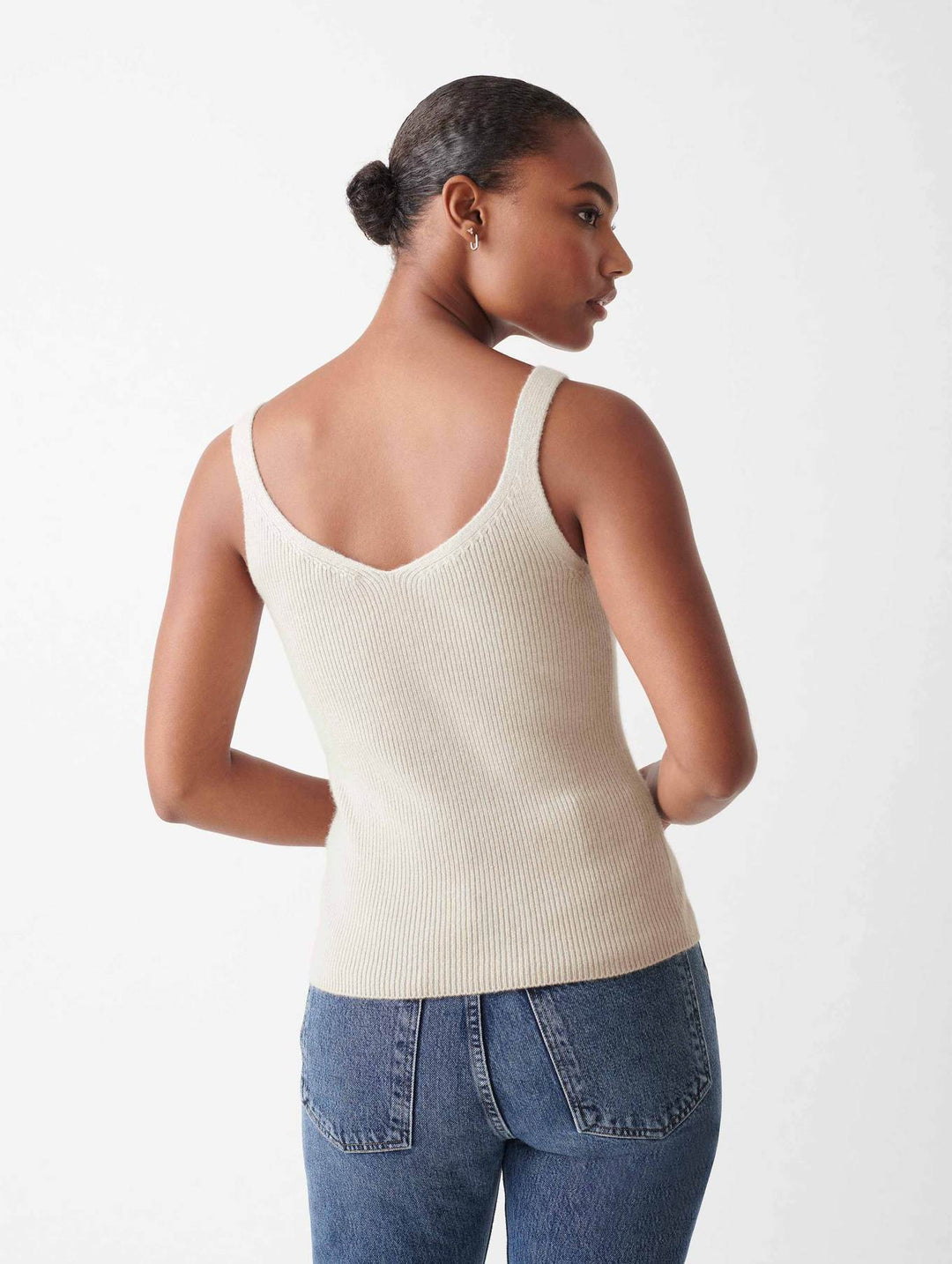 White + Warren - Cashmere Ribbed V Neck Tank in Moonstone