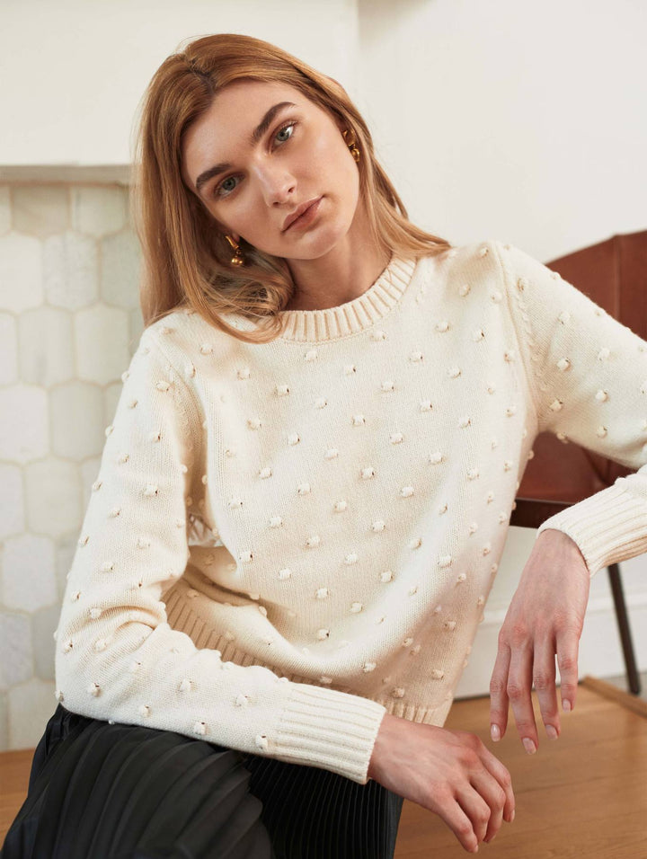 White + Warren - Sustainable Cotton Bobble Stitch Sweater in White