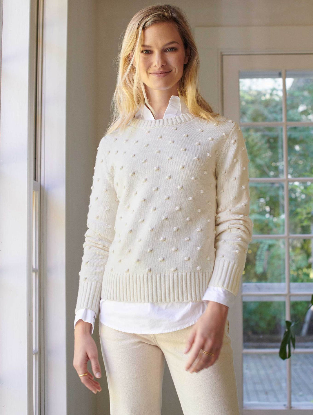 White + Warren - Sustainable Cotton Bobble Stitch Sweater in White
