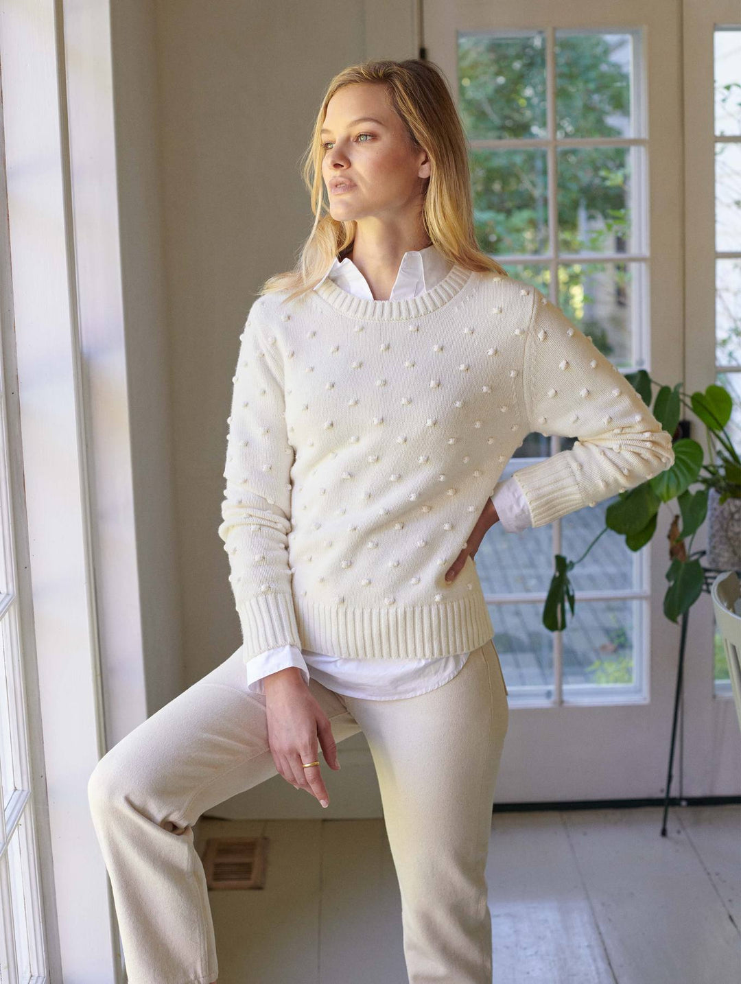 White + Warren - Sustainable Cotton Bobble Stitch Sweater in White