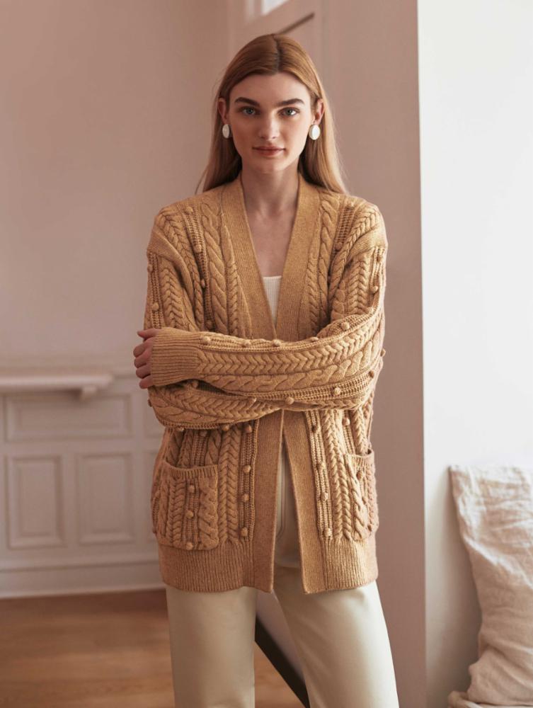 White + Warren - Sustainable Cotton Bobble Stitch Cardigan in Camel Clothing - Sweaters