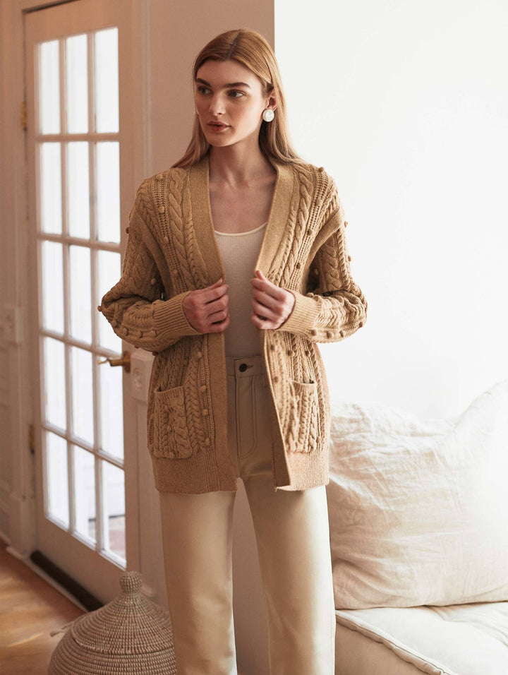White + Warren - Sustainable Cotton Bobble Stitch Cardigan in Camel