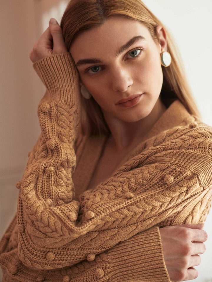 White + Warren - Sustainable Cotton Bobble Stitch Cardigan in Camel
