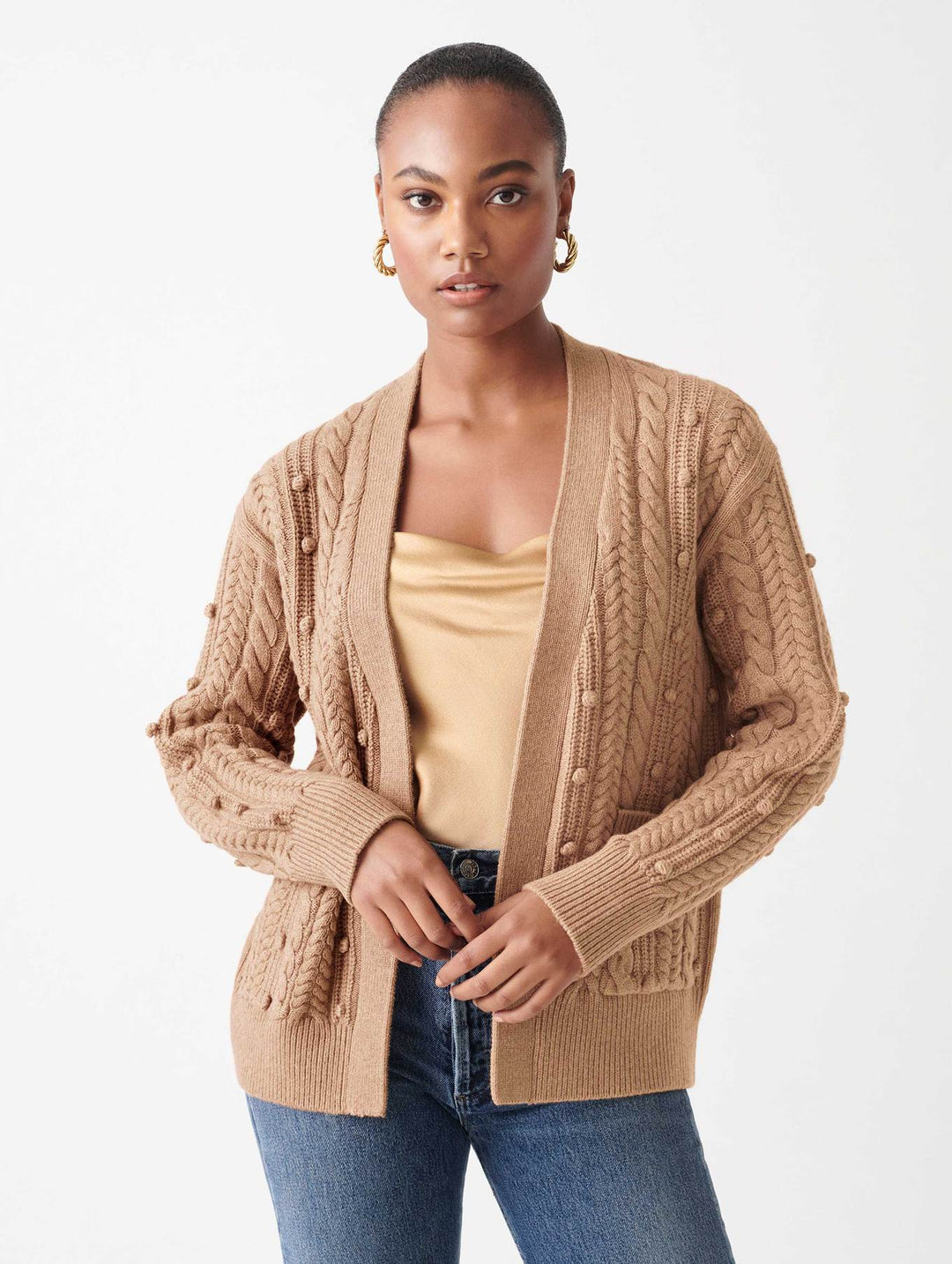 White + Warren - Sustainable Cotton Bobble Stitch Cardigan in Camel